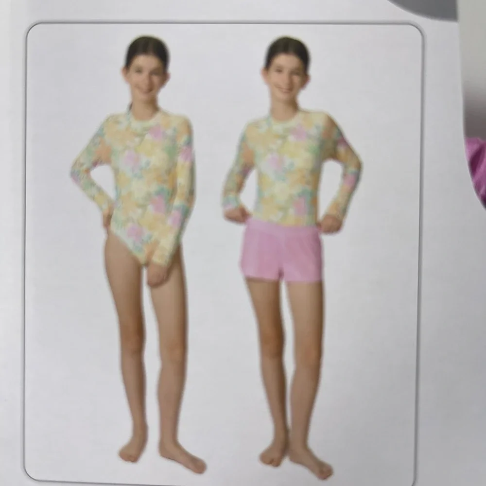 Billabong Girls 2-Piece Swim Set Floral Rash Guard Shorts Pink M 10/12 UPF 50+